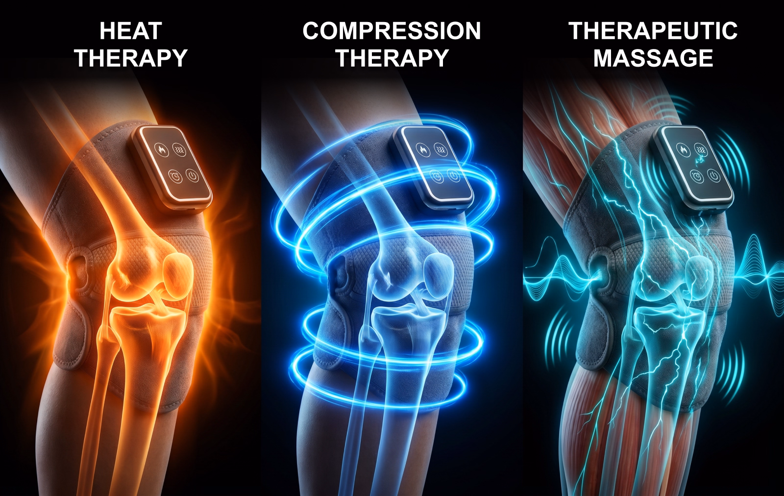 Three illustrated panels of a knee in the grey wrap, labelled heat therapy, compression therapy and therapeutic massage